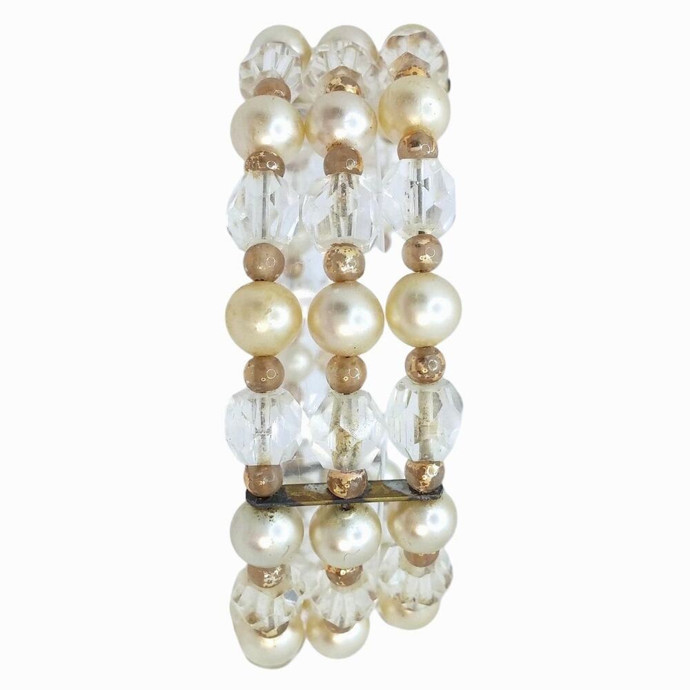 Vintage Faux Pearl Cuff Bracelet Three Strands Flex Fit Crystal Beaded Classic - Picture 3 of 10